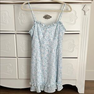 Pamela Reif x NA–KD Reborn Blue and White Floral Mini Dress with Ruffle Hem